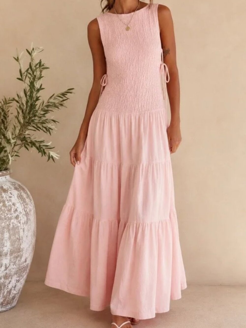NWT Free People Sterling Smocked Side Tie Maxi Dress in Pink Chalk